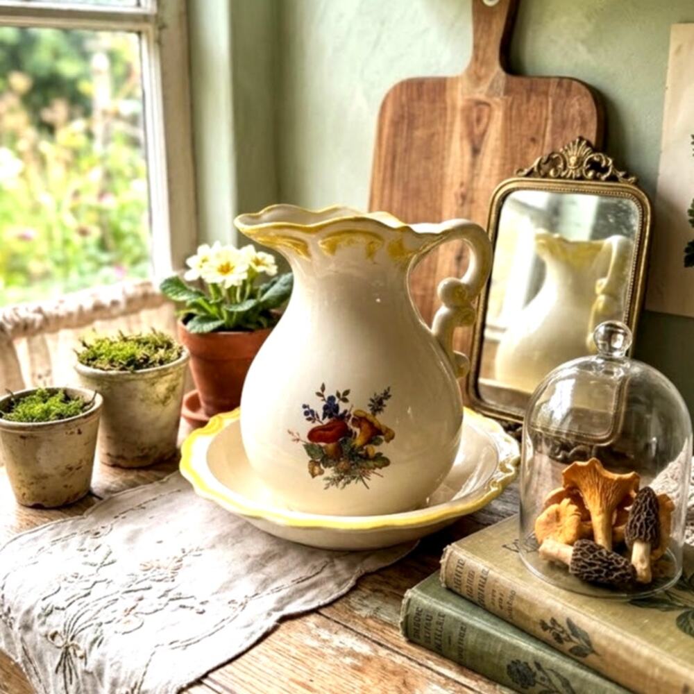 Studio Pottery ceramic pitcher wash basin set mushroom pinecone floral 70s vntg